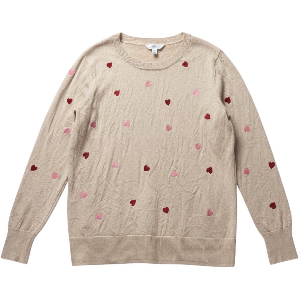 Time And Tru Sweater Womens Large Beige Heart Print Crew Neck Knit Pullover